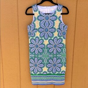NWOT London Times Sleeveless Dress - Blue, Green, Yellow Floral Design. Size 8